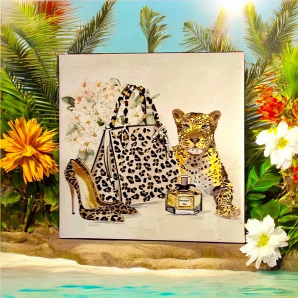 Fashionable Trendy Chic Canvas Art with Leopard, Bag, Shoes, Perfume & Daisies - Picture 3 of 5
